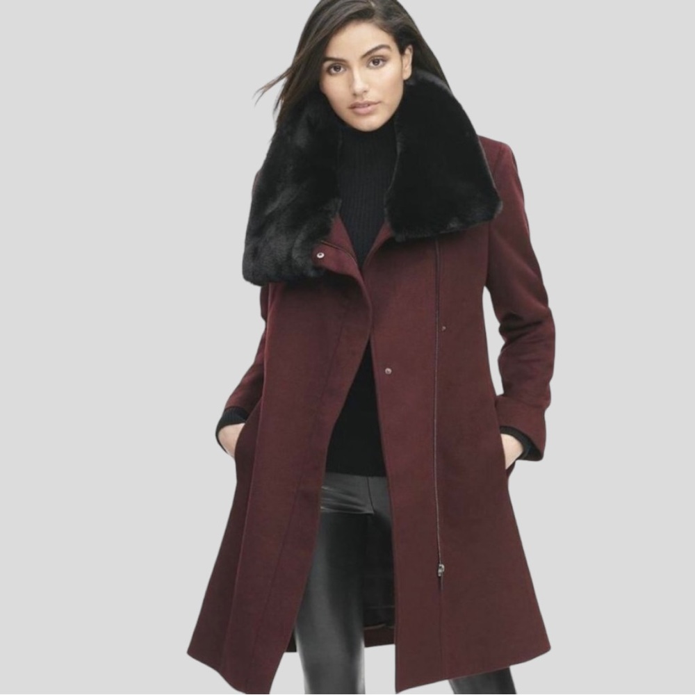 NEW DKNY BORDEAUX FAUX FUR COLLAR  Wool Cashmere Blend COAT SIZE Size 2
